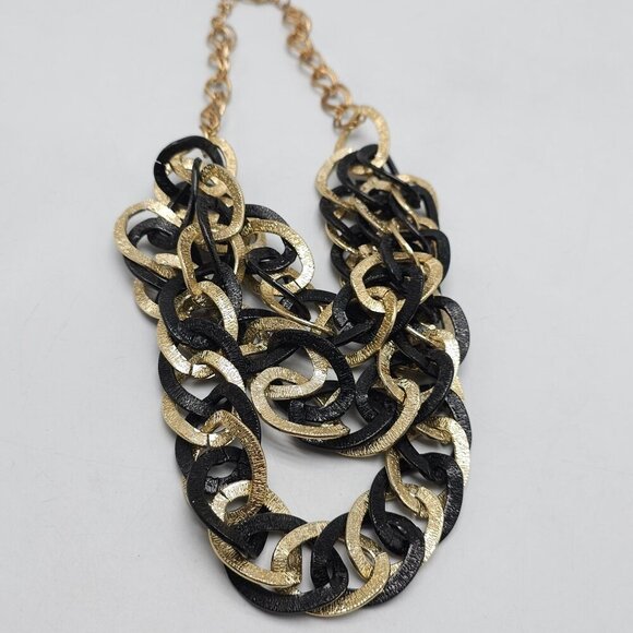 Black Gold Chunky Statement Necklace Matching Oval Drop Earrings Textured - Picture 6 of 9